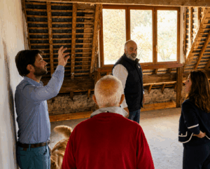 Équipe TFL GROUPE et TFL MAÎTRISE D'ŒUVRE en visite dans les combles d'un bâtiment ancien afin d'étudier les volumes, la structure et les possibilités d'aménagement avant un projet de rénovation.