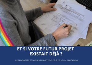 Esquisses et plans réalisés lors de la conception d’un projet architectural de rénovation ou d’extension.