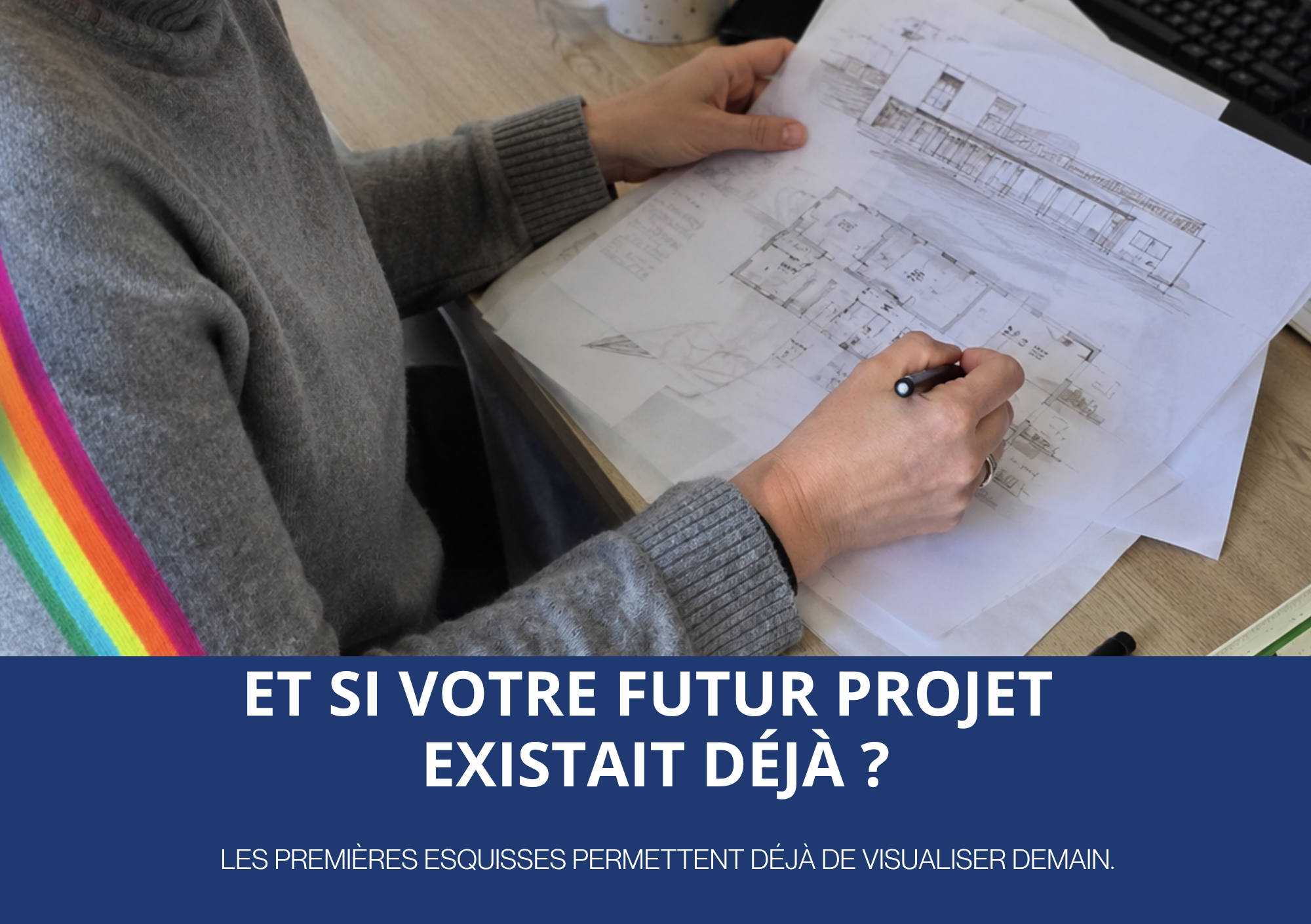 Esquisses et plans réalisés lors de la conception d’un projet architectural de rénovation ou d’extension.